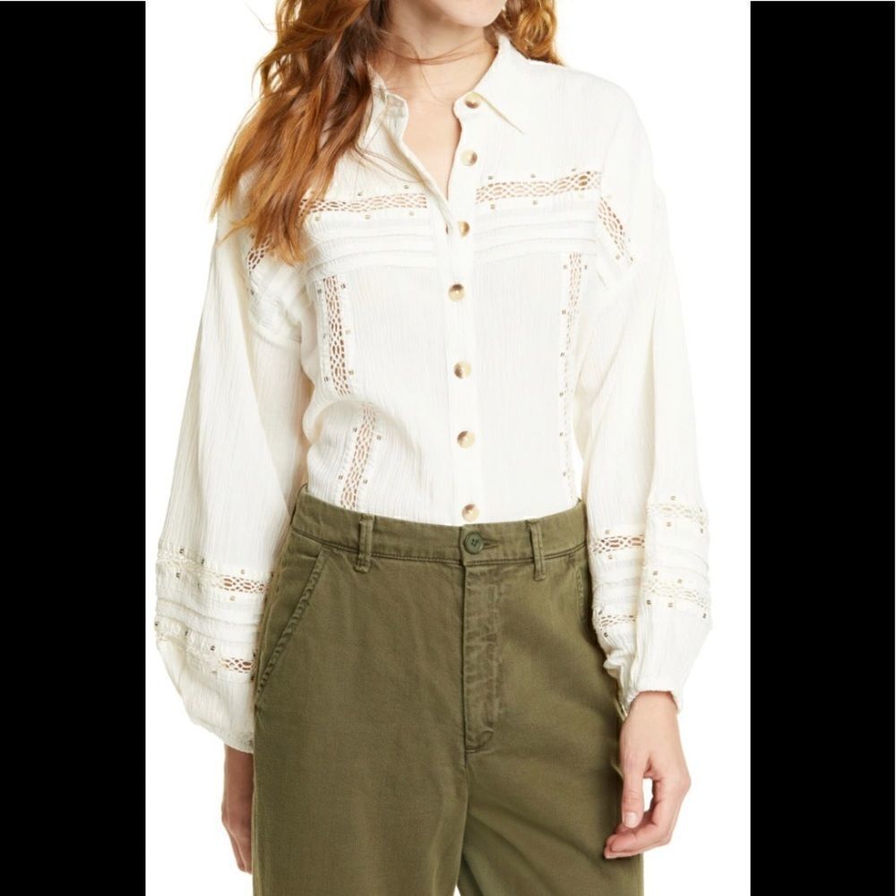 Free People Summer Stars Sequin Lace Crinkle Button Down Top Ivory L NWOT - Picture 7 of 8